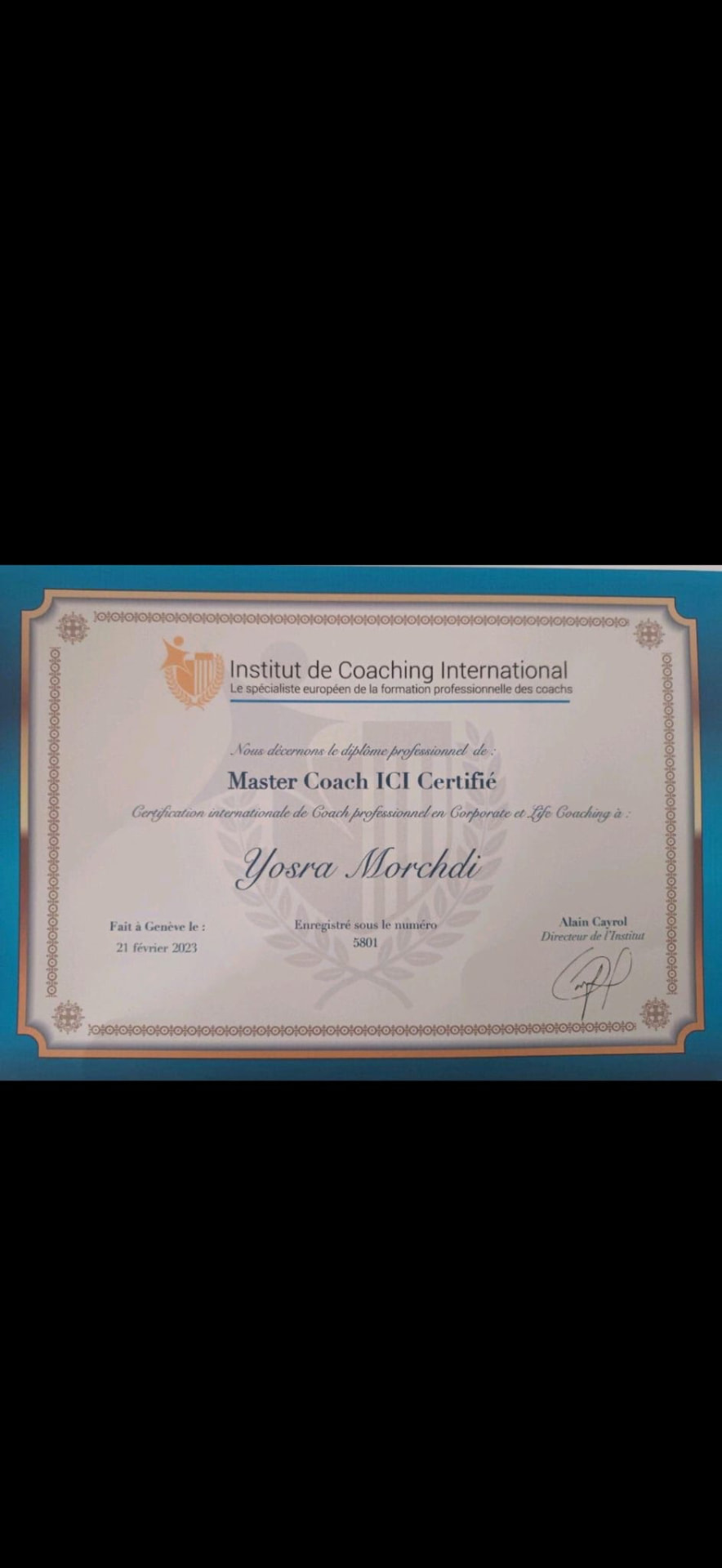 Diplôme de Master Coach ICI certifié délivré à Yosra Morchdi, Genève 2023